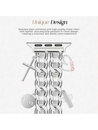 Silbernes Herz-Kreuz Lederarmband, geeignet für Apple Watch 38/40/41/42/44/45mm