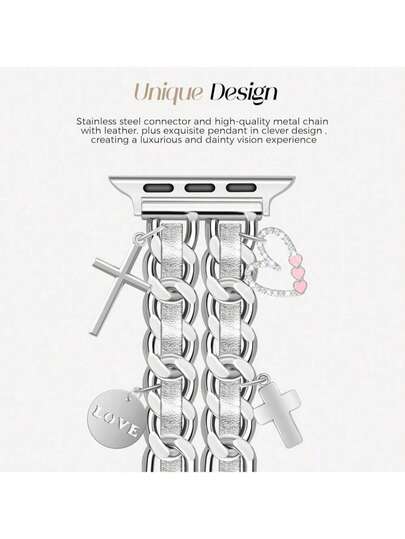 Silver Love Cross Pendant Faux Leather Watch Band, Suitable For Apple Watch 38/40/41/42/44/45mm