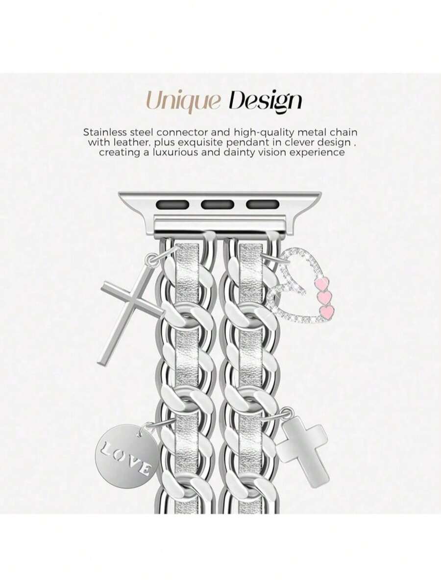 Silbernes Herz-Kreuz Lederarmband, geeignet für Apple Watch 38/40/41/42/44/45mm