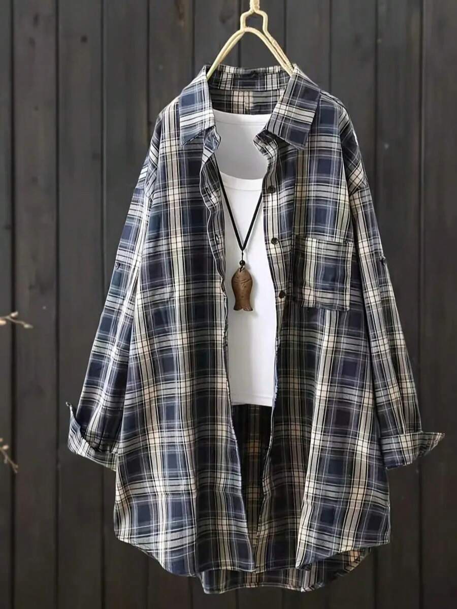 Plus Size Casual Plaid Front Button Pocket Shirt, Autumn - Blue - View 1