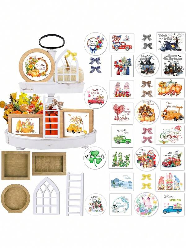1 Set Includes 10 Designs, 30 Patterns Farmhouse Tiered Tray Decor Set With Cards, Ladders, Arched Windows, Wooden Frames, Bow Ribbons, Interchangeable Holiday & Seasonal Rustic Wooden Frames With Cards For Home, Kitchen, Tabletop (Tray Not Included)