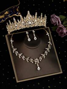 4pcs/Set Girls Children Rhinestone Alloy Crown Necklace Earrings Jewelry Set, Holiday Decoration Accessories, Suitable For Performing, Birthday Party, Suitable For Older Kids And Toddlers