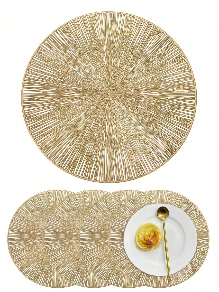 6pcs/8pcs Set Elegant European Style Firework Pattern Round Placemats - Waterproof, Oil-Resistant, Heat-Resistant, Suitable For Western Dining, Lace Design Protects Tabletop, For Events And Parties - Gold - View 1