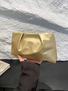 新款春夏时尚纯色手拿包，褶皱云朵钱包，休闲信封包，化妆包，旅行配件袋，内衬包，化妆包，收纳包 - 金色 - 查看 3