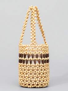 ENSPT Einteiliges Farbblockdesign Perlen Cut Out Ahornholz Material Damen Handtasche mit Kordelzugverschluss und abnehmbarer Innentasche, Eimer Tasche für Damen Strandurlaub und Reisen.