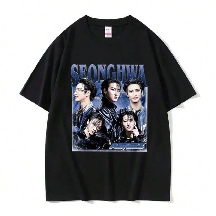 Fashion-South Korea Ateezs MINGI Graphic T-Shirt Men's Hip Hop Retro Fashion Short Sleeve T-Shirt Casual Cotton T-Shirt Streetwear - màu đen - Xem 1