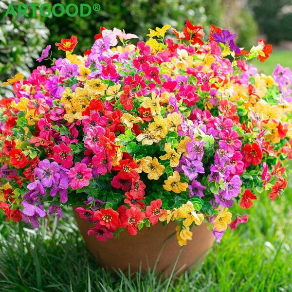 ARTGOOD 8 Bundles Artificial Flowers For Outdoors/Indoors, Fake Flowers Plants For Indoor Outside Garden Porch Window Box Home Wedding Farmhouse,Artificial Flowers For Outdoor,No Fade Fake Plastic Flowers Faux Plants For Decoration Hanging Planters,Kitchen Home Vase Decor (8 Color)