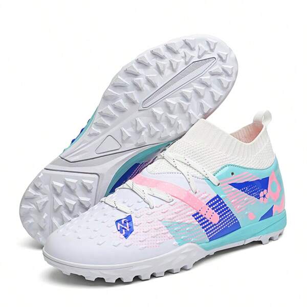 1 par de zapatos de fútbol de caña alta para mujer, zapatos deportivos de fútbol, zapatos deportivos para exteriores, tacos de fútbol, estilo deportivo, antideslizantes y duraderos, con parte superior de PU, color elegante, suela exterior de TPU, adecuados para terrenos de barro y césped corto