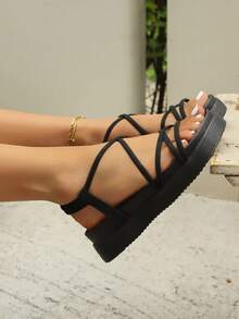 Women's Thick Sole Strappy Sandals, 2025 New Summer Versatile Outdoor Anti-Slip Roman Sandals, Soft Bottom Beach Shoes