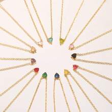 1pc Minimalist Stainless Steel 12 Birth Zodiac Birthstone Heart Pendant Necklace, Monthly Stone