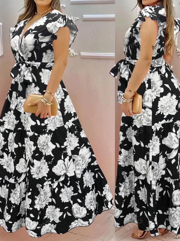 Floral Print Elegant Woven Fabric Belt Dress For Women, Travel & Summer