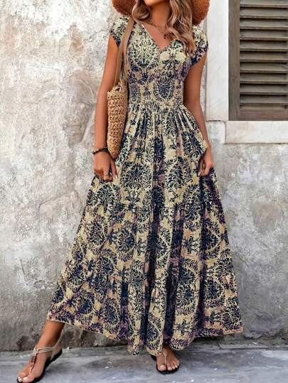 New Summer V-Neck Short Sleeve Floral Printed Dress, Lady Elegant Maxi Long Dress
