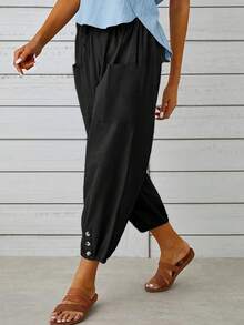 新款宽松高腰纽扣亚麻七分阔腿裤女欧美风 - 黑色2 - 查看 4