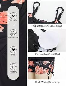 Womens Plus Size Striped Printed Strappy Tankini Top With Shorts Two Pieces Swimsuit - Black - View 5