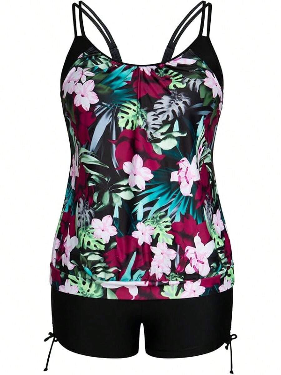 Womens Plus Size Striped Printed Strappy Tankini Top With Shorts Two Pieces Swimsuit - Pink and Red Flower - View 1