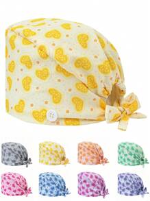 1 pieza Gorra ajustable de mujer con patrón de corazón y floral, talla única, absorbe el sudor con banda elástica, adecuada para salón de belleza, veterinaria, médico, enfermera, trabajador de saneamiento