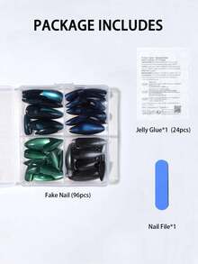 98Pcs(4Mixed )Y2K Long Almonds Glossy Aesthetic Crystal Green, Black, Blue Cat Eye Acrylic Press On Nails Short Almond Nail Design Perfect Fit False Nails Set, Include: 1Pc Jelly Glue And 1Pc Nail File,Green Blue Cat Eye Nails For Woman & Girl Daily Wear Rave Party Use Nail Supplies Nails