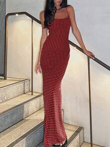1 件女士优雅波尔卡圆点印花露背细肩带修身连衣裙，适合派对和正式场合，秋季 - 紅色 - 查看 4