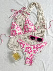 女士新款西式时尚沙滩度假休闲碎花露背比基尼两件套泳衣夏季