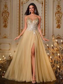 VIPGIRL 香槟金色亮片薄纱舞会礼服、细肩带闪亮晚礼服、开衩礼服、女士甜心长裙、迷人派对礼服、毕业典礼和晚会服装