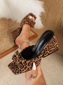 8.5CM High Heel Women's Sandals, Thick Heel Square Toe Suede Bowknot Sexy Leopard Print, Comfortable Outdoor Slip-On