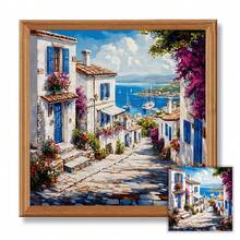 JOZYSH 1 件套无框 30 * 30 厘米/11.8 * 11.8 英寸，沿海小镇，11 片/14 片印花十字绣 DIY 套装，适合成人和初学者放松身心，DIY 十字绣刺绣套装，非常适合卧室和客厅墙面装饰。赠品包含印花画布、针线、图纸和说明书。