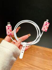 Modische pinke Soda-Flasche & Meeresbewohner-Muster Ladekabel-Schutzcase mit Kabelaufroller, TPU Datenkabel-Schutz kompatibel mit iPhone 16/15, 14 Pro Max, 13, 12, 11 Ladezubehör, Handyzubehör