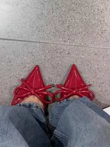 Wine Red High Heels Women's French Toe-Covered Sandals With An Open Back For Summer 2025; New Style With A Shoe And Bowknot.