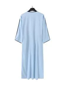 Ropa musulmana para hombres, túnica marroquí de manga corta bordada, chilaba islámica holgada para hombres, ropa árabe tradicional para hombres - Celeste - Ver 3