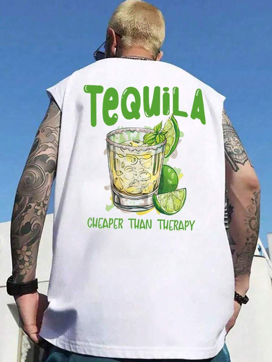 YUNCHIC - 男士休闲无袖背心，夏季轻便运动服，创意龙舌兰印花，圆领弹力打底衫，透气吸湿，健身训练外穿/内衣， - 白色 - 查看 1