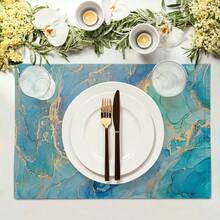 这款1/4/6片装厨房餐桌垫采用镀金抽象图案设计，由100%聚酯纤维编织而成。尺寸为12 * 18英寸/30 * 45厘米，可机洗。耐热、防污、防水，易于清洁。可用作礼品、家居用品、厨房用品和春季室内装饰。