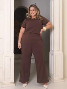 Women's Plus Size Set Of Sweatpants And Short-Sleeved Top - Coffee Brown - View 3