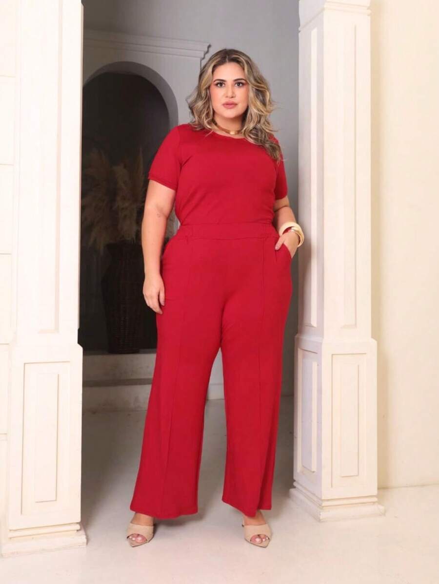 Women's Plus Size Set Of Sweatpants And Short-Sleeved Top - 紅色 - 查看 1