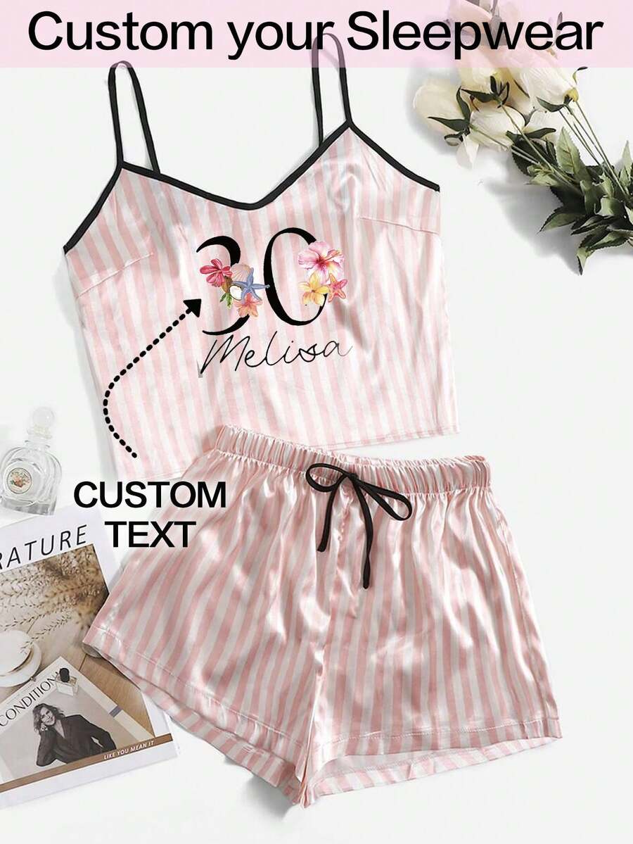 Customized Pajama Sets, Ladies Suspender Pajamas, Can Be Customized With Personalized Text To Commemorate Your Name And Age, Personalized And Interesting Children, Pets, Cartoons, Holiday Theme Graphic Designs, Can Be Used As Birthday Gifts, Colorful, Cute, Lovely, Simple, Interesting, Customized, Unique, Custom, Personalized, Ladies Satin Pajamas Are Special Gifts For Friends, Besties, Family