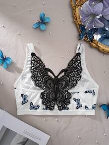女士前扣式胸罩，蝴蝶印花，性感背部设计 - 白色 - 查看 7