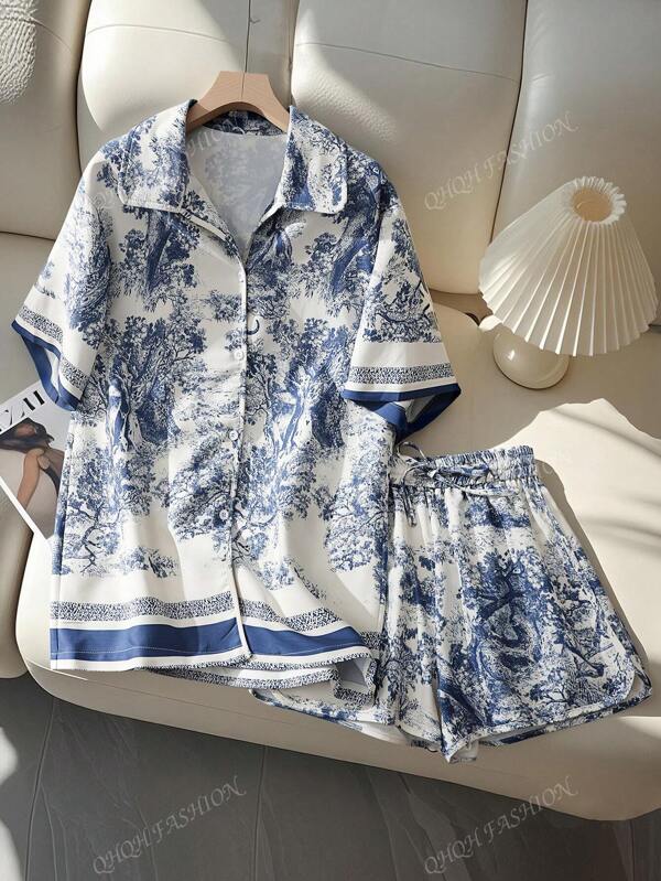 Women's Leaf Print Button Down Shirt & Shorts Set, Summer