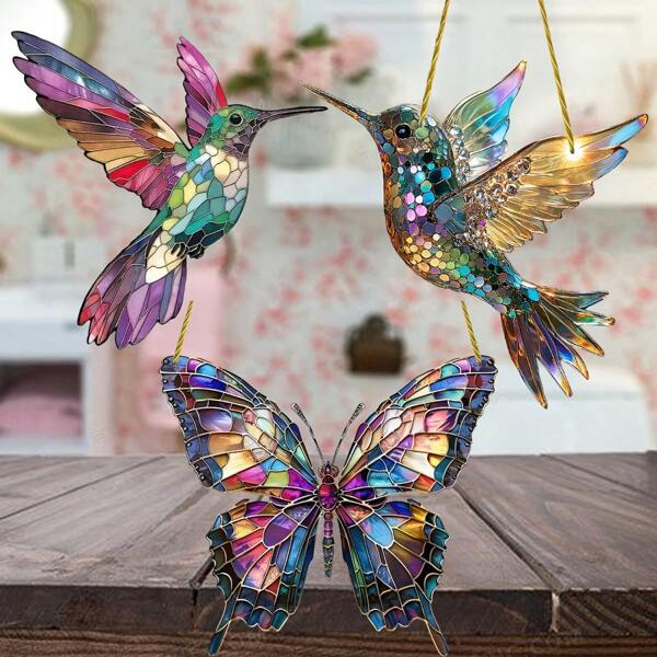 3 piezas de Colgantes acrílicos planos y vibrantes de Colibrí y Mariposa - Encantos con temática de aves coloridas para mochilas, llaveros y decoración del hogar, perfectos para celebraciones del Día de la Tierra, suncatchers de plástico, decoraciones de jardín