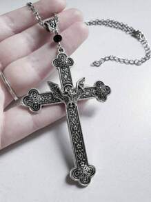 1 Stück Retro Fledermaus Kreuz Gotik Stil Metall Silberfarben Halskette Anhänger, geeignet für besondere Anlässe, Partys und Veranstaltungen
