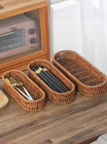 1pc Imitation Rattan Storage Basket, 3 Sizes Creative Portable Household Spoon Fork Knife Storage Container Suitable For Knives, Forks, Spoons, Tableware, Makeup Tools, Office Stationery, Tool Desktop Storage, Tableware Drainage Storage Box, Household Tableware Storage Box, Kitchen Accessories.