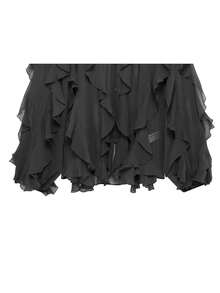 Women's Elegant Semi-Transparent Chiffon Ruffle Hem Blouse, Fashionable V-Neck Long Sleeve Spring Top Black - Black - View 5