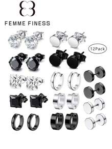 Femme Finess Juego de pendientes magnéticos de acero inoxidable para hombres y mujeres, estilo AB, de doble cara, sin perforación, con combinación de pendientes de pareja, circonita cúbica hipoalergénica de 5-8 mm