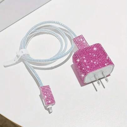 Set de 5 protectores de cargador rosa brillante, compatibles con 11/12/13/14, incluye pegatinas de diamantes brillantes, organizador de cables, protector de cable - Material TPU, compatible con cargador 18W/20W
