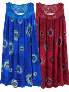 2 Women's Plus-Size Pajamas-Geometric Pattern Contrast Lace Skirt, Medium Elastic Round Neck Machine Washable Casual Wear In All Seasons, Comfortable And Opaque Fabric. - Xanh hoàng gia + đỏ rượu - Xem 3