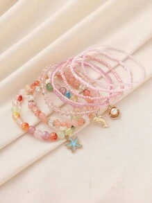 7pcs Boho Ocean Series Handmade Beaded Necklace & Bracelet Set, Includes Shell, Starfish, Dolphin Pendants, Natural Stone, Glass Pearl, Multilayer Elastic Bracelets, Suitable For Women, Gift, Beach Party, Casual Wear