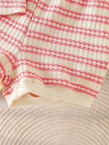 2pcs Baby Girls Stripe Breathable Knit Vest & Shorts Set, Sweet & Stylish, Suitable For Vacation