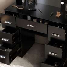 Large Vanity Desk With Lighted Mirror & Drawer Dressing Table LED Lights - Black Dressing Table Set With Drawers And Open Shelves