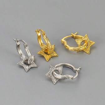 1 Pair 925 Sterling Silver Unique Convertible Star Stud Earrings, Detachable Plain Hoop Design, Classy Accessory With Gift Box