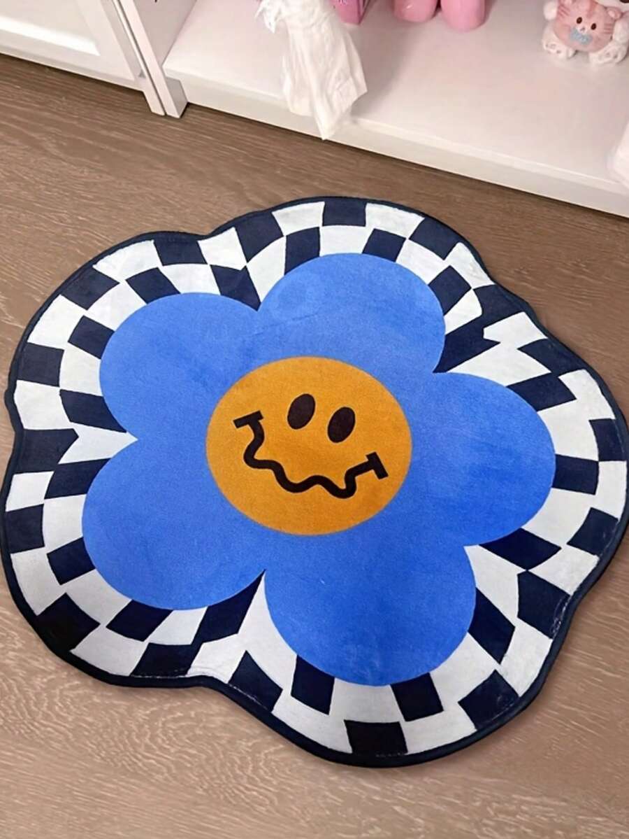 1 pieza Alfombra decorativa cómoda con diseño de cuadros azules y cara sonriente, alfombra para el hogar, alfombra para sala de estar, alfombra para dormitorio, regalo de moda para fiestas, tamaño asimétrico con tolerancia de corte de 1-5 cm, alfombra decorativa, decoración de dormitorio, alfombra pequeña, alfombra, decoración del hogar, alfombra para sala de estar, alfombra pequeña para sala de estar, alfombra para dormitorio, alfombra para sala de estar, decoración del hogar, alfombra para exteriores, alfombra lavable - Multicolor - Ver 1