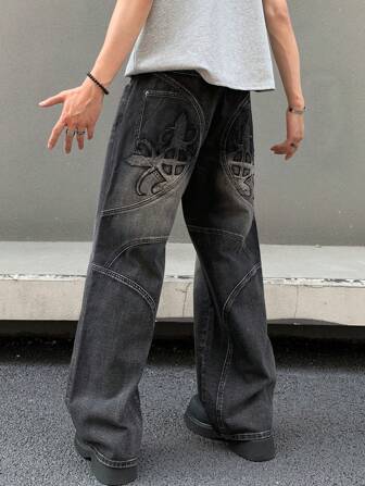 Men GlobeSwift Vintage Washed Embroidered Loose Straight Leg Jeans, Grunge