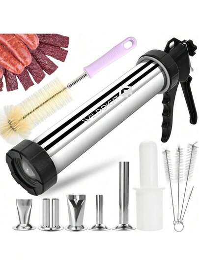 3rd Gen Professional Jerky Gun Kit, 2.1 LB Stainless Steel Jerky Maker & Sausage Stuffer With 5 Nozzles, Meat Pusher & 5 Cleaning Brushes